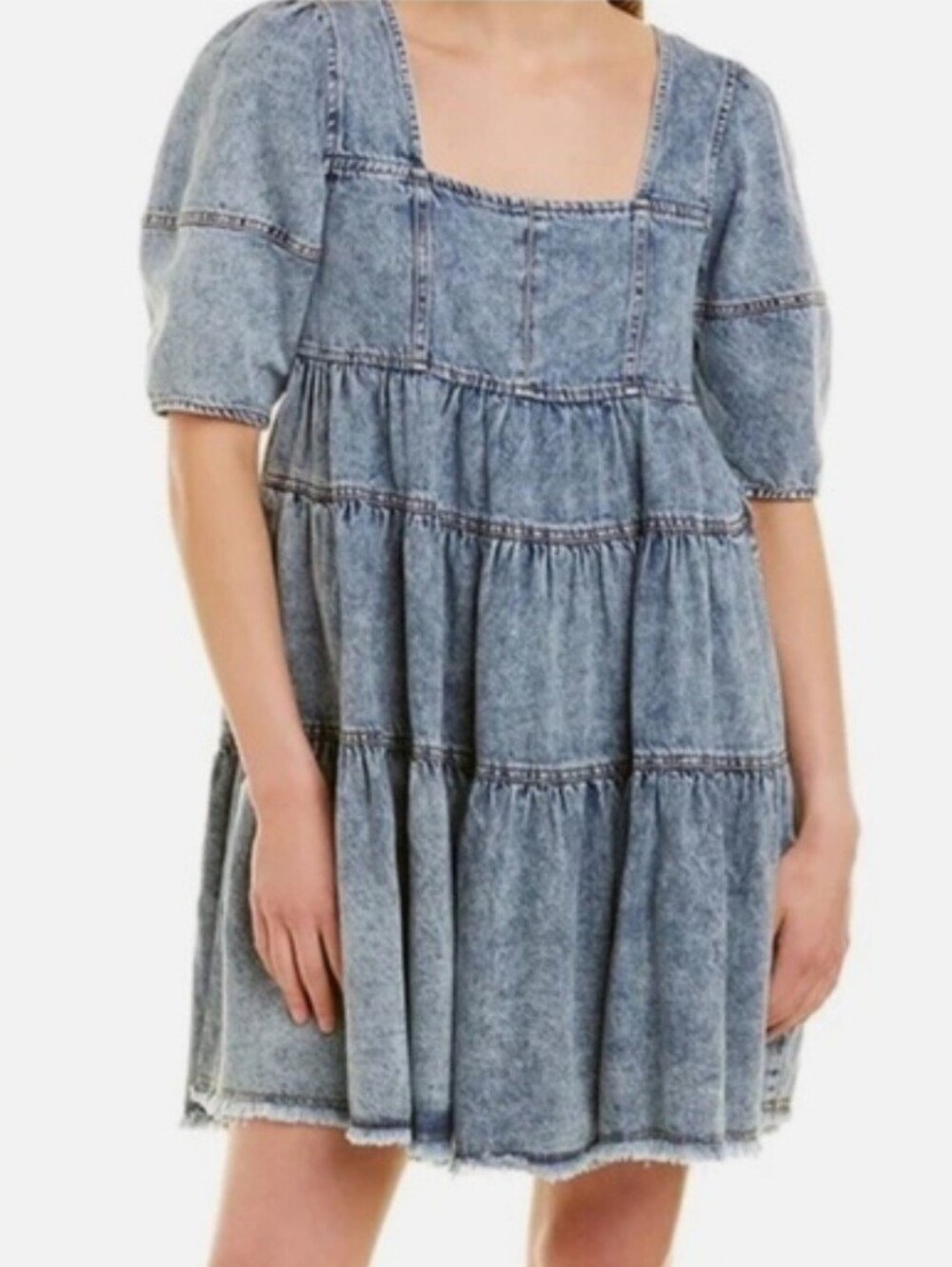 Blue Denim Acid Wash Tiered Mini Dress w Side Pockets Raw Hem  Festival Casual